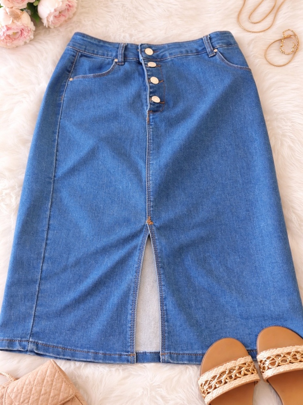 Pink Elegance High-Waisted Denim Midi Skirt | Straight Fit Y2K | Vintage Vibe Lg